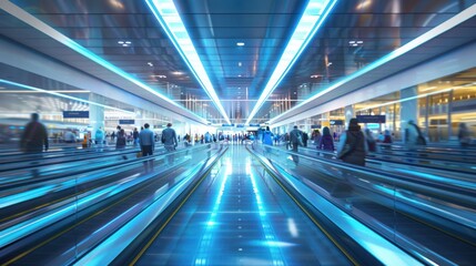 Modern Airport Terminal with Passengers Walking on a Conveyor Belt