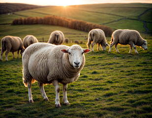 Obraz premium Ovejas pastando en un prado