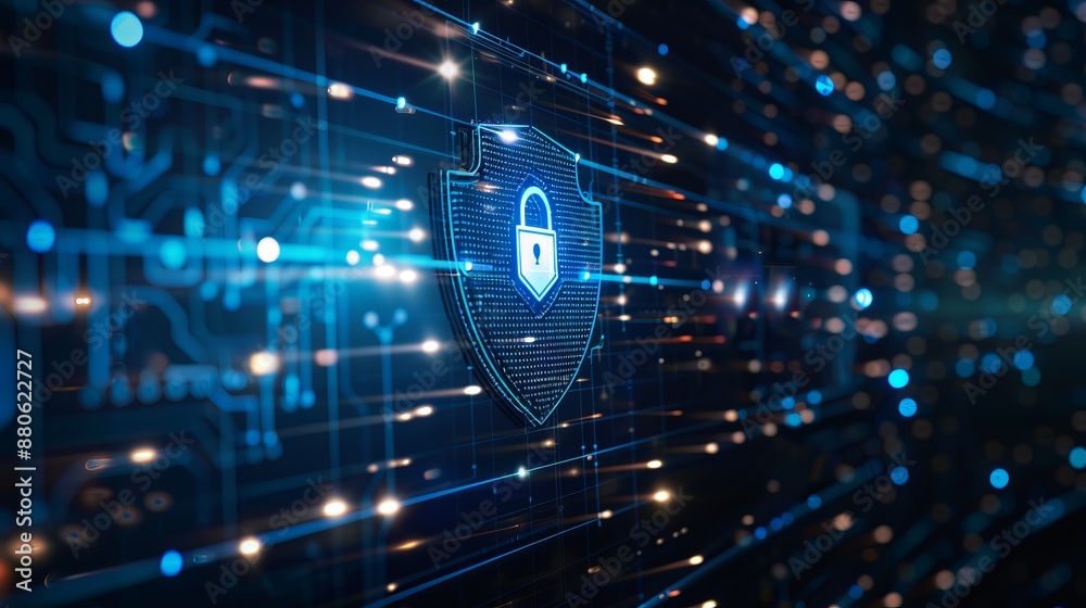 Poster shield icon on secure global network representing cyber security and information protection, advance