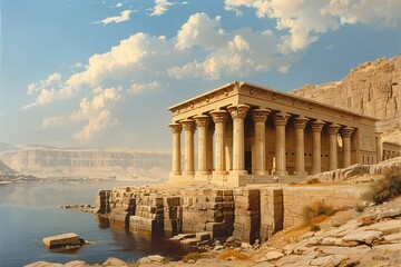 Obraz premium Ancient Temples and Monuments of Luxor Along the Nile, Majestic Archaeological Illustration.