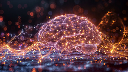 Conceptual Visualization of a Brain Network Illuminated with Glowing Nodes and Connections, Symbolizing Neural Activity and Cognitive Processes