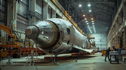 Skilled engineers assembling futuristic spacecraft at advanced rocket manufacturing facility with cutting-edge technology and precision equipment