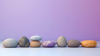 A set of smooth, polished stones arranged in a line on a white table, against a solid soft lavender background