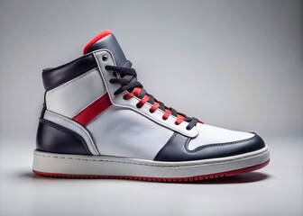 Stunning high-top sneaker with bold black and red accents on a pristine white leather upper, isolated against a sleek grey background in crisp detail.