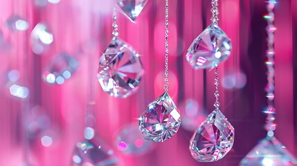 Diamonds of various sizes hang in the air, gleaming and transparent under a vibrant neon pink light. The monochrome background highlights the beauty of the diamonds, creating a captivating display.