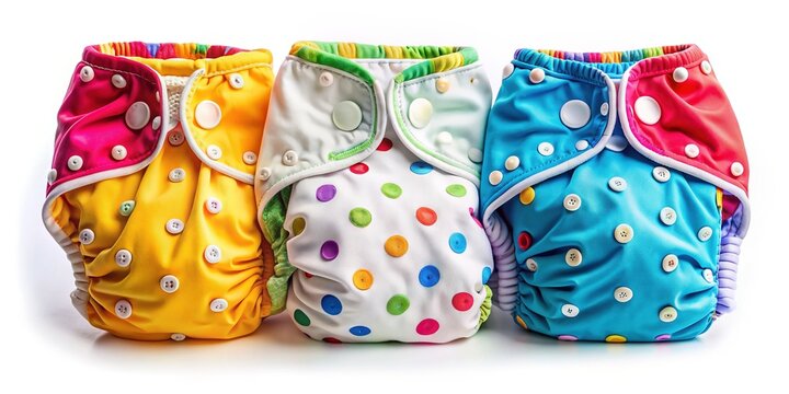 Colorful washable cloth diapers with absorbent inserts and colorful snaps laid out on a clean white background, showcasing eco-friendly and sustainable baby care options.