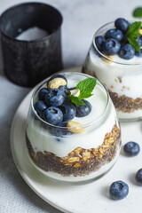 Granola with yogurt, chia and blueberries in a glass
