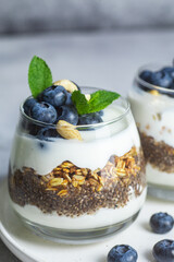 Granola with yogurt, chia and blueberries in a glass