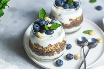 Granola with yogurt, chia and blueberries in a glass