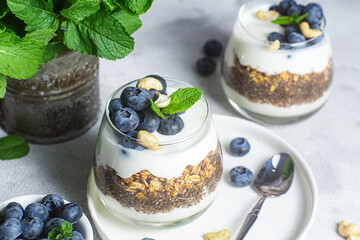 Granola with yogurt, chia and blueberries in a glass