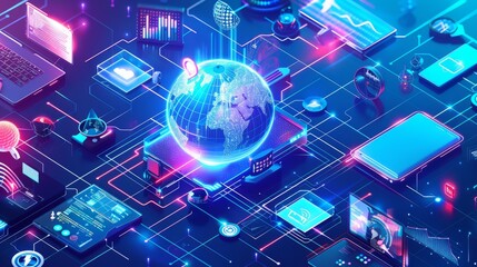Digital planet connected: tech devices and icons linking to global network of information and communication, conceptual illustration