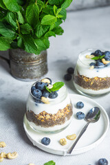 Granola with yogurt, chia and blueberries in a glass