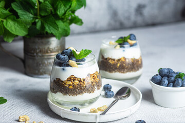 Granola with yogurt, chia and blueberries in a glass