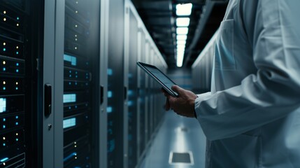 Technician inputting data on digital tablet in a modern server room with high-tech equipment and blue led lights, focused on network maintenance and it infrastructure management