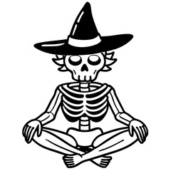 
Skeleton meditating, with a witch hat, vector silhouette 