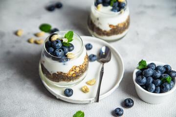 Granola with yogurt, chia and blueberries in a glass