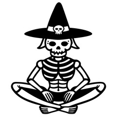 
Skeleton meditating, with a witch hat, vector silhouette 