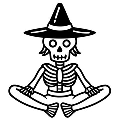 
Skeleton meditating, with a witch hat, vector silhouette 