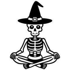 
Skeleton meditating, with a witch hat, vector silhouette 
