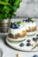 Granola with yogurt, chia and blueberries in a glass