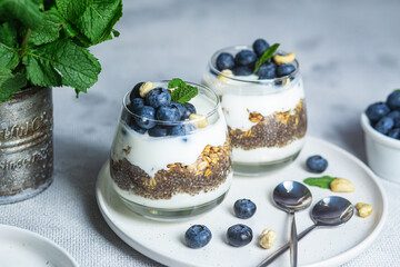 Granola with yogurt, chia and blueberries in a glass