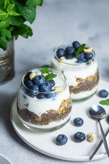 Granola with yogurt, chia and blueberries in a glass