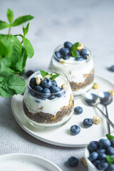 Granola with yogurt, chia and blueberries in a glass