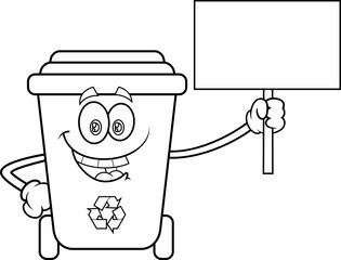 Outlined Recycle Trash Bin Cartoon Character Holding Up A Blank Sign. Vector Hand Drawn Illustration Isolated On Transparent Background