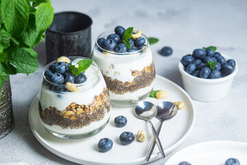 Granola with yogurt, chia and blueberries in a glass