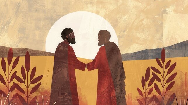 Genesis : Jacob Meets Esau , Biblical Illustration: Bond Renewed Between Jacob and Esau on Beige Background, Copyspace