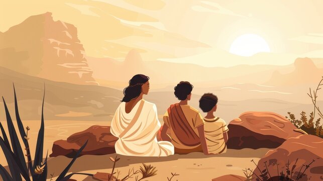 Genesis : Hagar and Ishmael , Biblical Illustration of Sarai Watching Hagar and Ishmael, Genesis, Beige Background, Copyspace