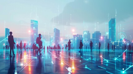 A smart city concept with people using wireless technology for urban communication.