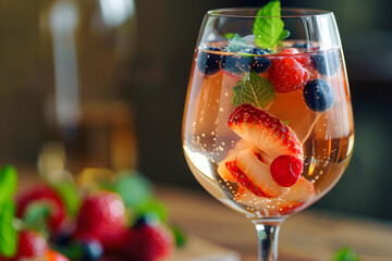 A sparkling rosé sangria with berries and mint in a wine glass.,