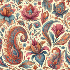 Paisley Watercolor Floral Pattern Tile: Flowers and Tulips