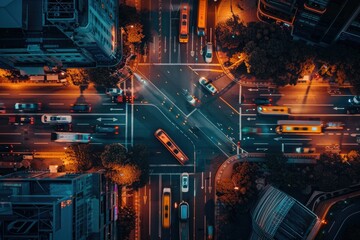 Aerial view of a busy city intersection with digital overlays indicating autonomous vehicle pathways. AIG62