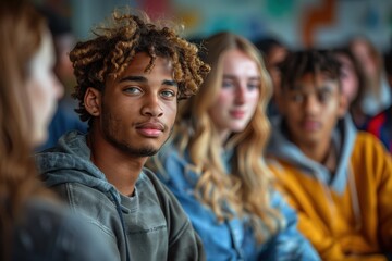 A teenage boy in a grey hoodie looks intently forward while sitting among peers in a casual setting, showcasing youth, focus, and social atmosphere.