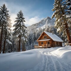 serene winter landscape covered in fresh snow, with a cozy cabin in the background and pine trees all around