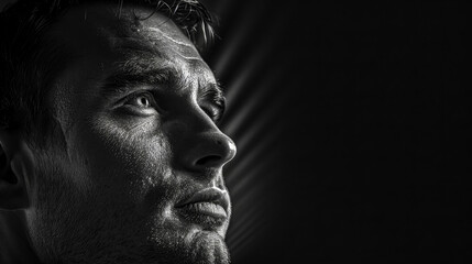 Young man with hopeful expression looking up in black and white