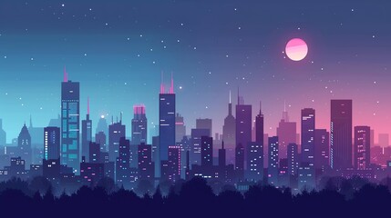 A cartoon city skyline at night with a starry sky and moon.