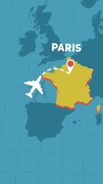 airplane journey to Paris in France over map of Europe motion graphics animation vertical social media