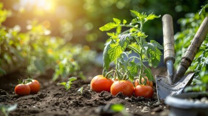 A tomato plant with ripe fruits growing in a backyard garden with gardening tools.