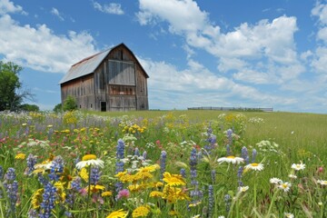 Serene Rustic Barn with Wildflower Field in Pastoral Beauty