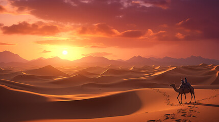 Fototapeta premium Camel Caravan Traversing Desert Dunes at Sunset