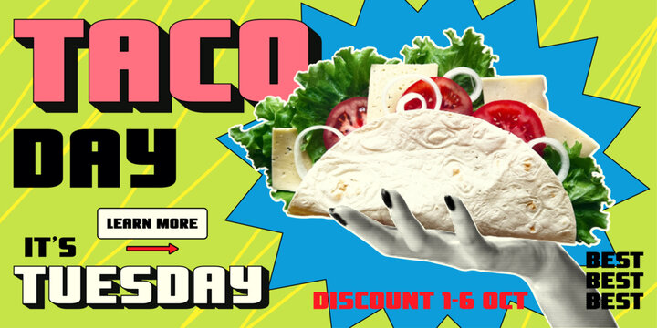 Vertical advertising banner with tacos in retro collage style. Large taco with halftone effect. Y2k style taco day special offer template.