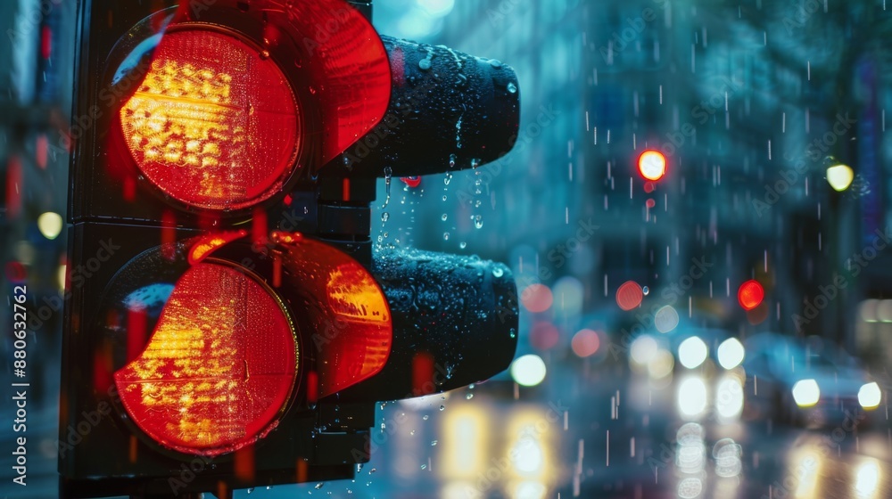 Poster a traffic light intersection during heavy rain with water droplets on the signal lens.