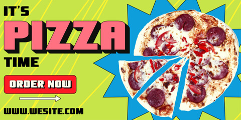 Vertical advertising banner with pizza in retro collage style. Sliced ​​pizza with halftone effect. Y2000 style pizza day special offer template.