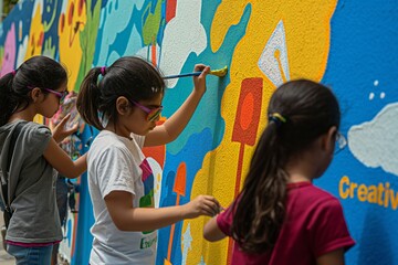 Fototapeta premium On a sunny day, children engage in creative painting, crafting a colorful mural while enjoying the camaraderie of artistic expression outdoors, in celebration of International Youth Day.