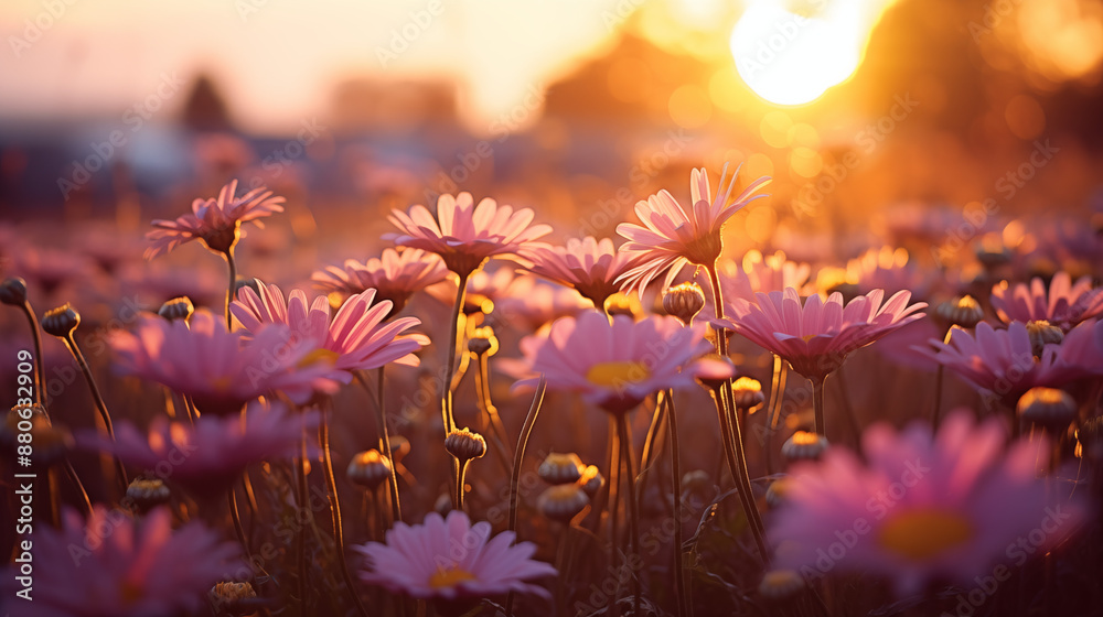 Poster Beautiful Sunset with Pink Flowers Capturing Nature's Tranquility in a Serene Field