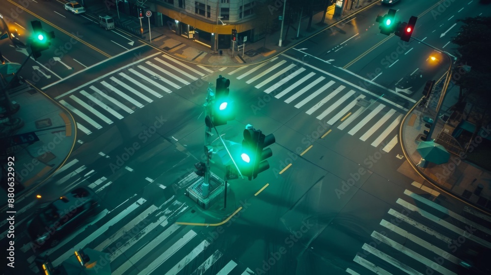 Poster A traffic light intersection with green lights for both straight and turning lanes.