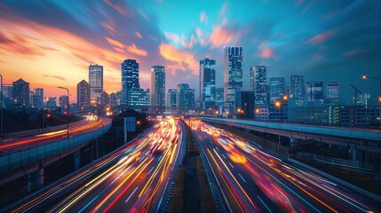 Vibrant cityscape at sunset with blurred traffic light trails and skyscrapers